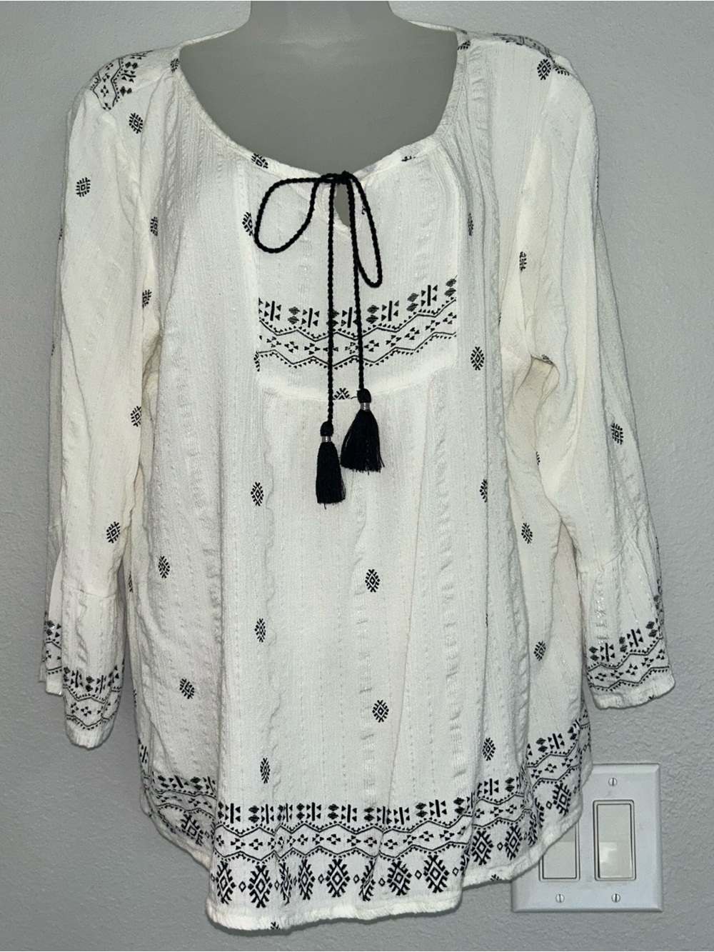 Boho cream blouse with black and metallic silver details L